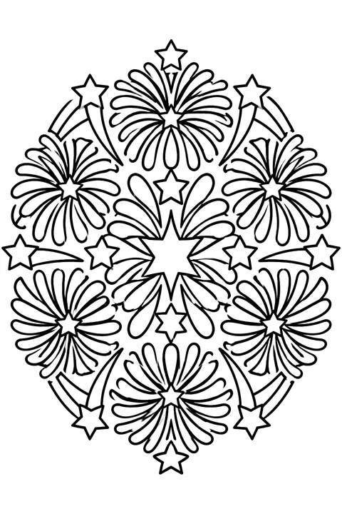 a round mandala design made from firework bursts and stars coloring page