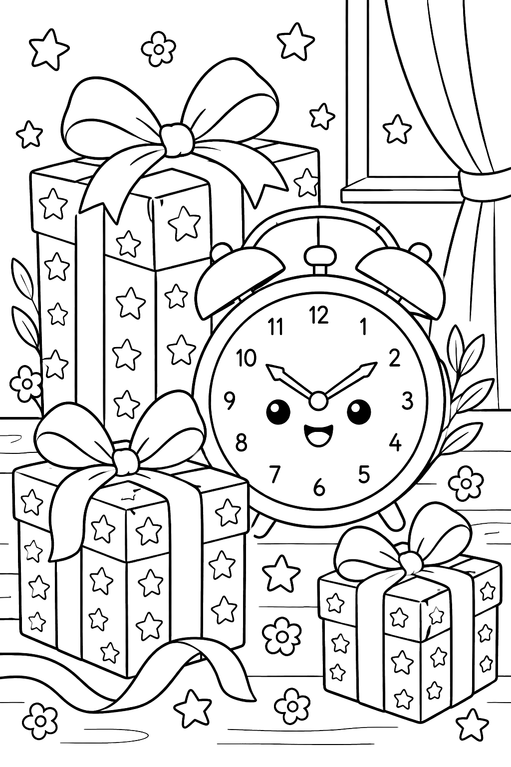 gift boxes with stars and ribbons and a clock coloring page