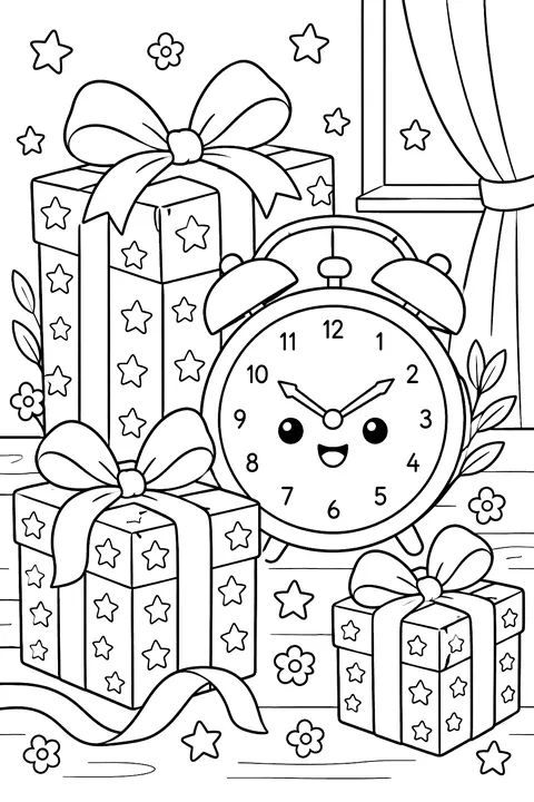 gift boxes with stars and ribbons and a clock coloring page