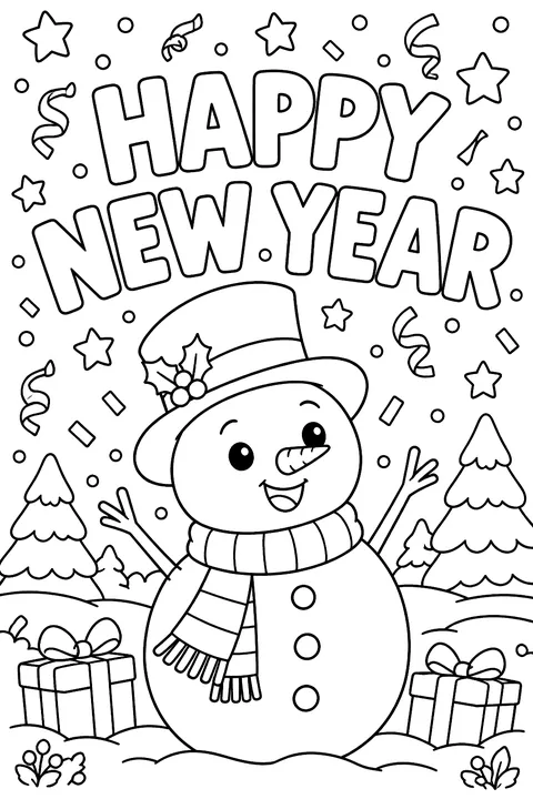 big outline letters spelling HAPPY NEW YEAR with stars and confetti coloring page