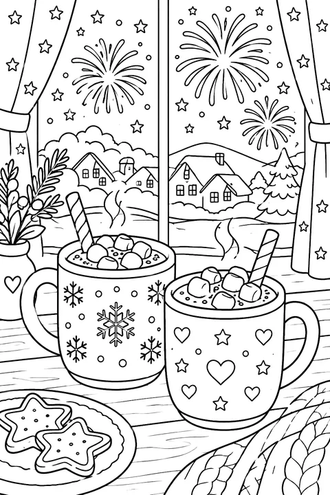 two mugs of hot cocoa by a window with fireworks outside coloring page