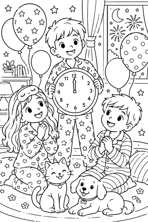 kids in pajamas counting down with a clock and balloons coloring page