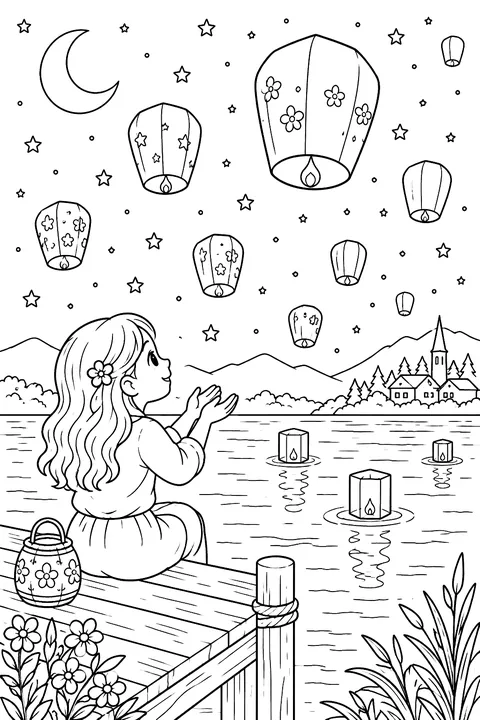paper lanterns floating into a starry night sky over a lake coloring page
