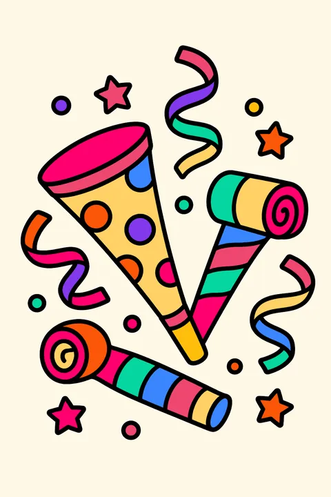 party horns, noisemakers and streamers coloring page