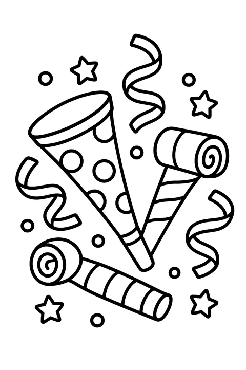 party horns, noisemakers and streamers coloring page