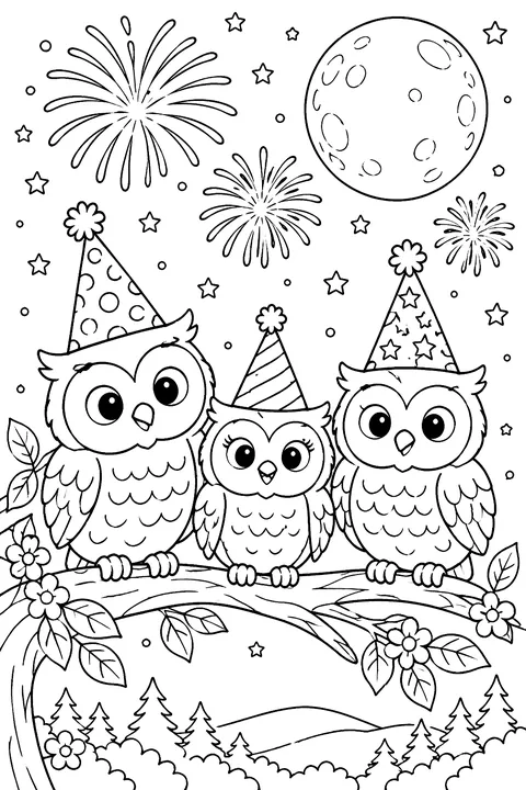 owls in party hats on a branch with the moon and fireworks coloring page