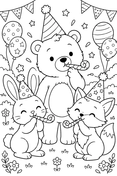 a bear, bunny and fox wearing party hats blowing noisemakers coloring page