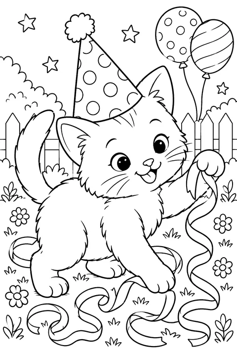 a kitten with a party hat playing with streamers coloring page