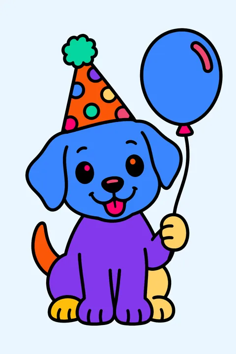 a puppy in a party hat with a balloon coloring page
