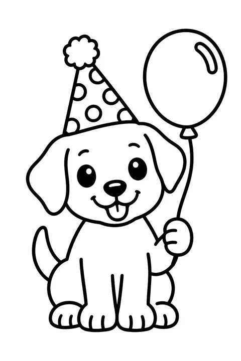 a puppy in a party hat with a balloon coloring page