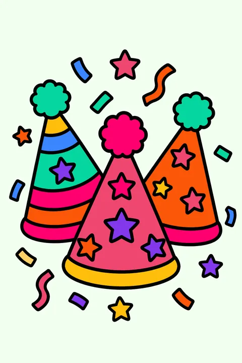 three party hats with stars and pom-poms and confetti coloring page