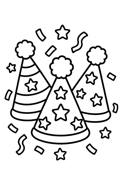 three party hats with stars and pom-poms and confetti coloring page