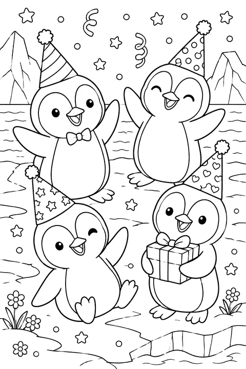 penguins wearing party hats celebrating on the ice coloring page