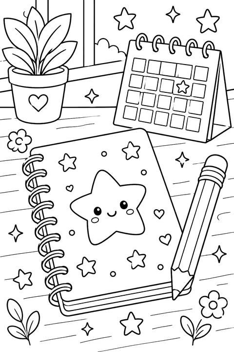 a notebook with a pencil, stars and a calendar coloring page