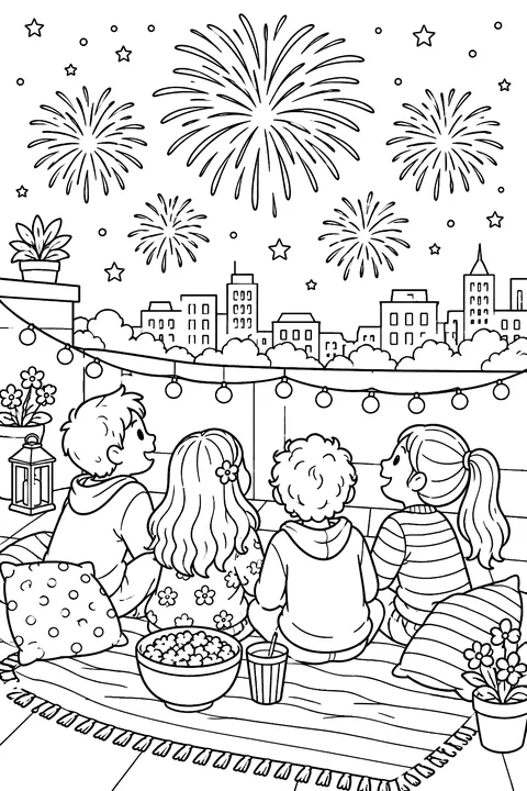 friends watching fireworks from a rooftop with string lights coloring page