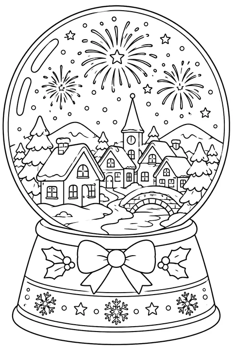 a snow globe with a little town and fireworks inside coloring page