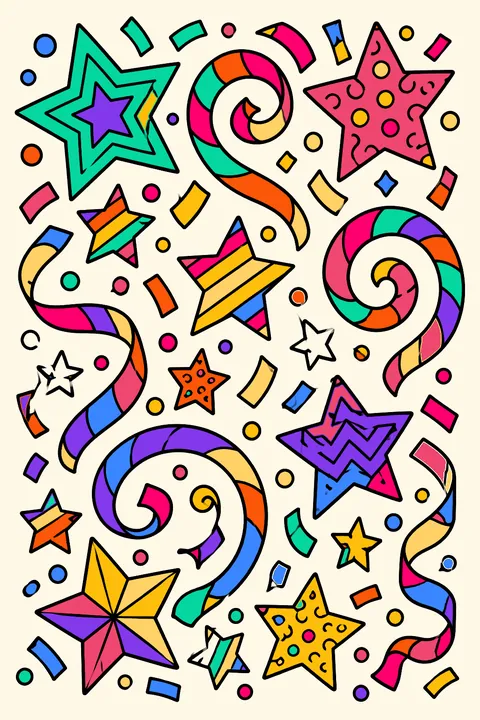 a full page of stars, confetti and swirls coloring page