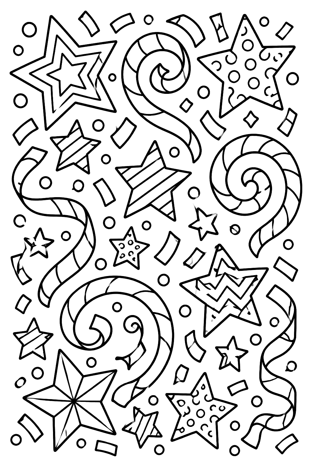 a full page of stars, confetti and swirls coloring page