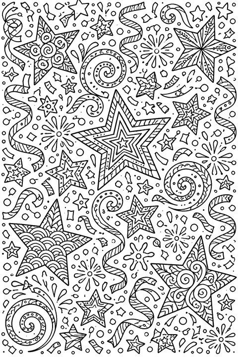 a full page of stars, confetti and swirls coloring page