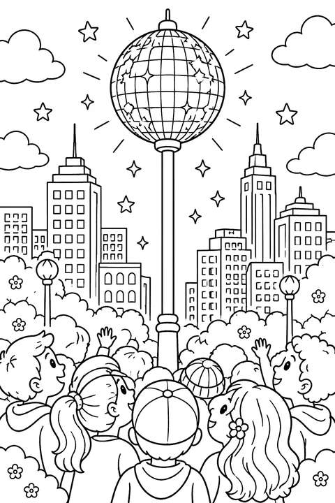 a sparkly ball on a pole above a crowd and city buildings coloring page