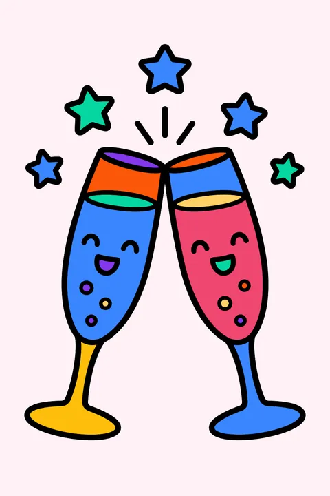 two glasses of sparkling juice clinking with stars coloring page