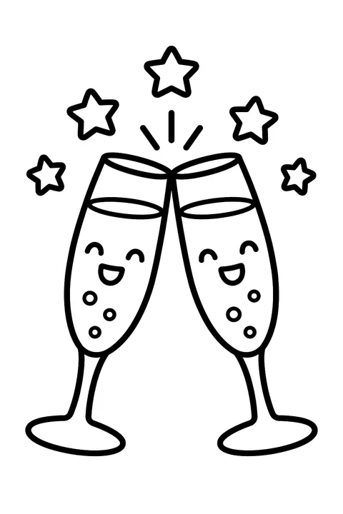 two glasses of sparkling juice clinking with stars coloring page