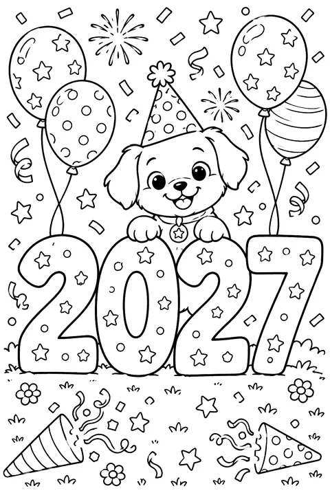 big outline numbers 2027 decorated with stars, balloons and confetti coloring page