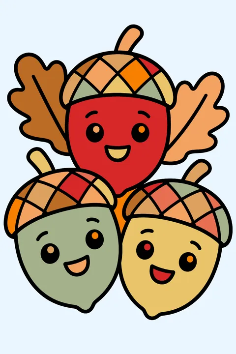 Acorns with smiling faces coloring page