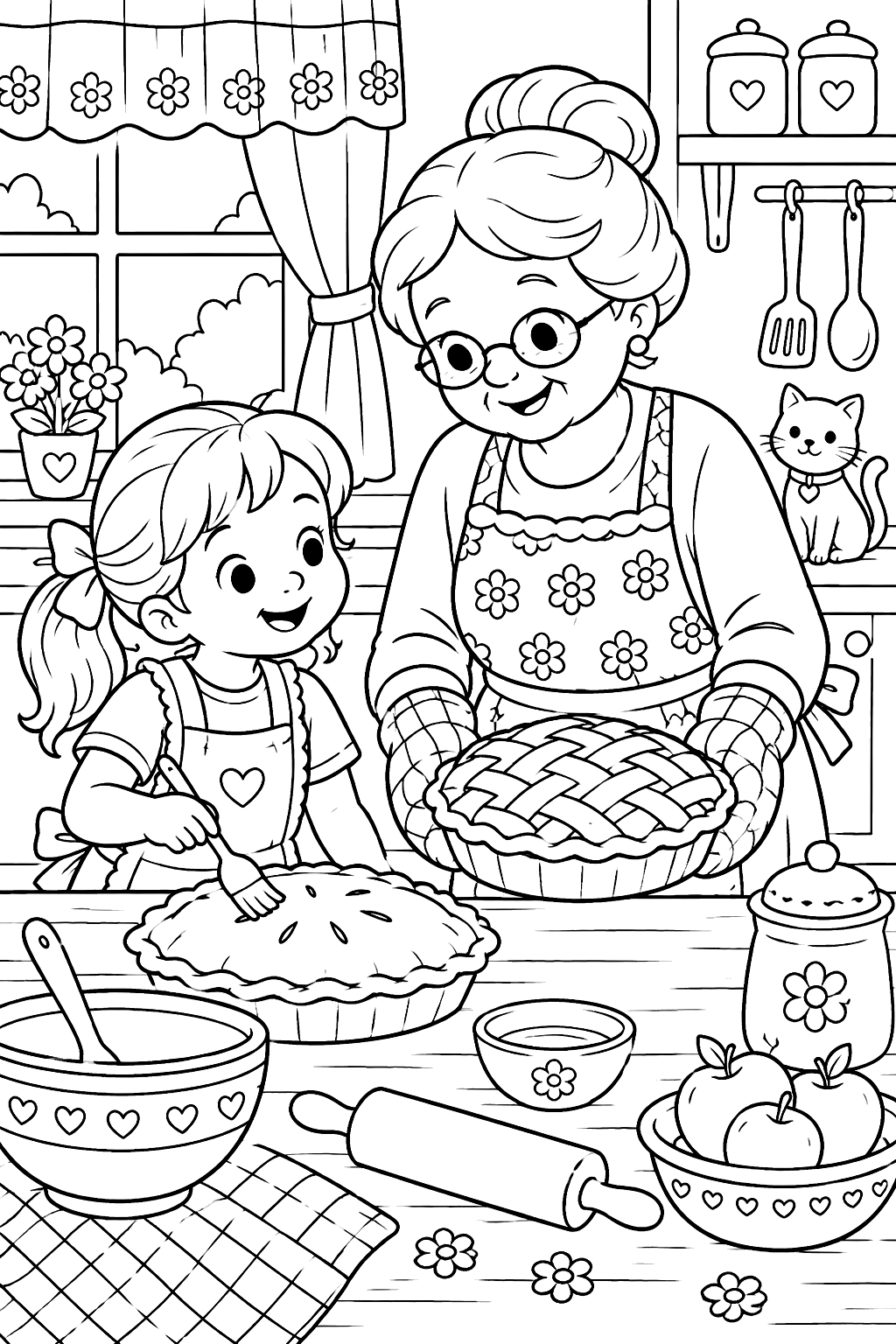 A child and grandma baking pies coloring page