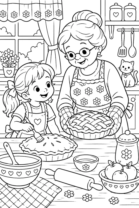 A child and grandma baking pies coloring page