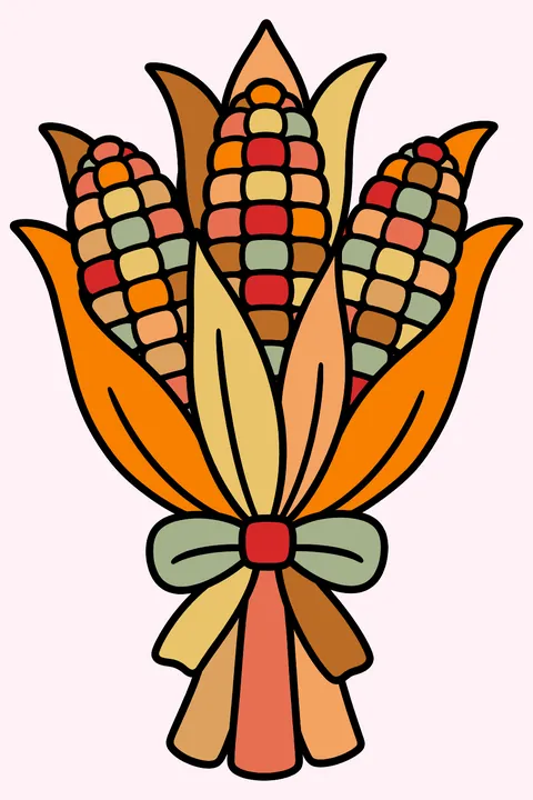 Three ears of decorative corn tied together coloring page