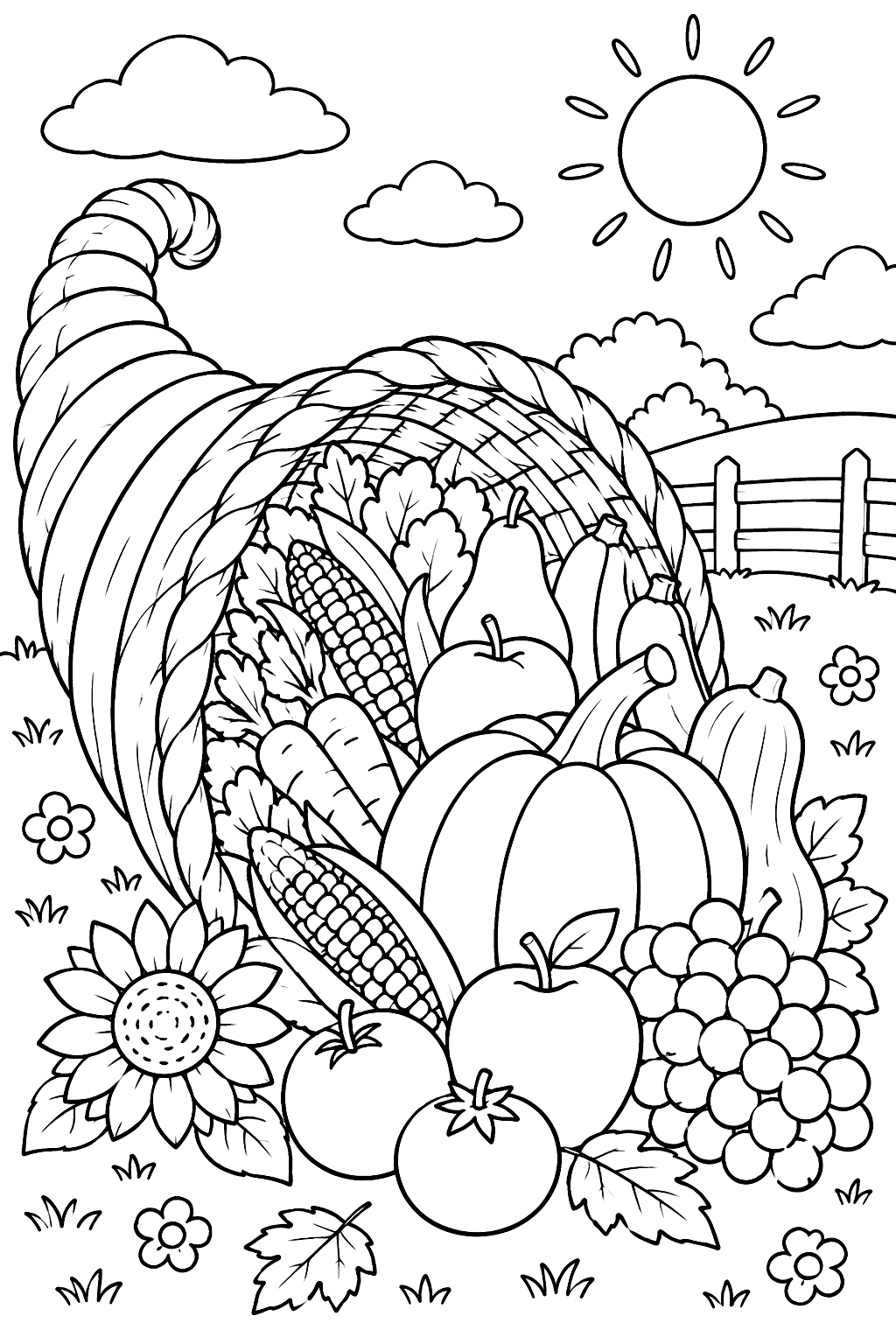 A cornucopia overflowing with fruits and vegetables coloring page