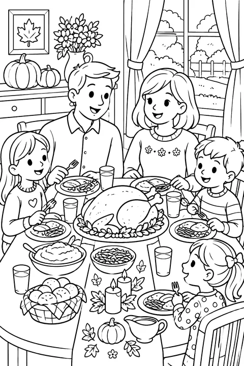 A family at a Thanksgiving dinner table coloring page