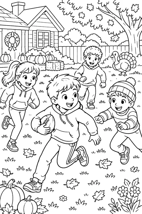 Kids playing football in the yard on Thanksgiving coloring page
