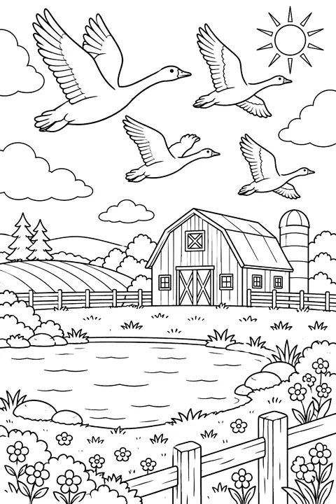 Geese flying over a farm coloring page