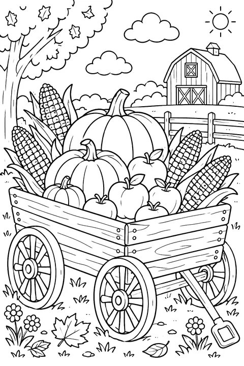 A wagon full of pumpkins, corn and apples coloring page
