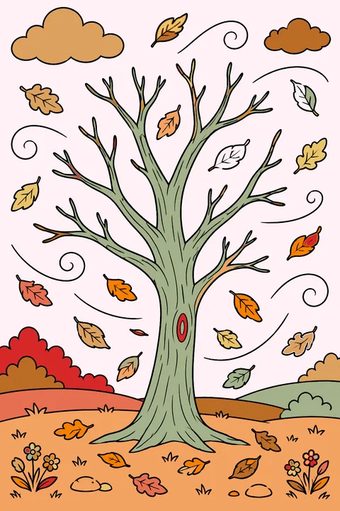 Leaves swirling in the wind around a bare tree coloring page