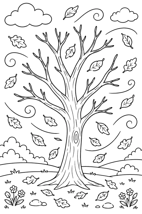 Leaves swirling in the wind around a bare tree coloring page