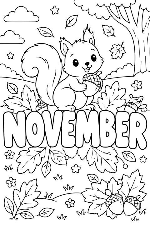 The word NOVEMBER in big bubble outline letters with leaves and acorns coloring page