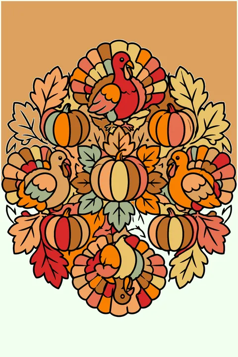 A round mandala of turkeys, leaves and pumpkins with bold closed shapes coloring page