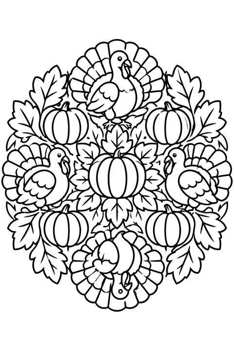 A round mandala of turkeys, leaves and pumpkins with bold closed shapes coloring page