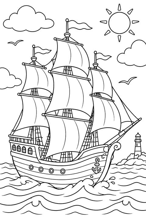 A tall sailing ship on the ocean coloring page