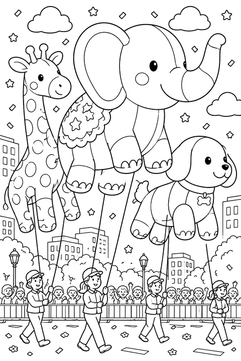 Giant balloons shaped like animals in a parade coloring page