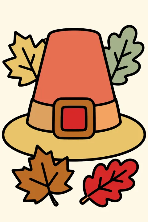 A pilgrim hat with a buckle and autumn leaves coloring page