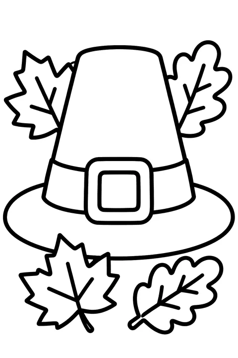 A pilgrim hat with a buckle and autumn leaves coloring page