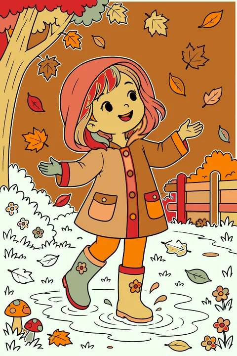 A child in a raincoat with leaves falling coloring page