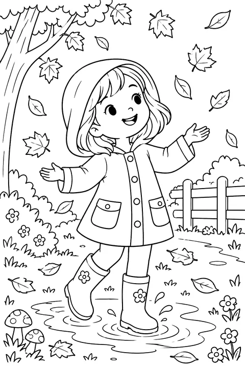 A child in a raincoat with leaves falling coloring page