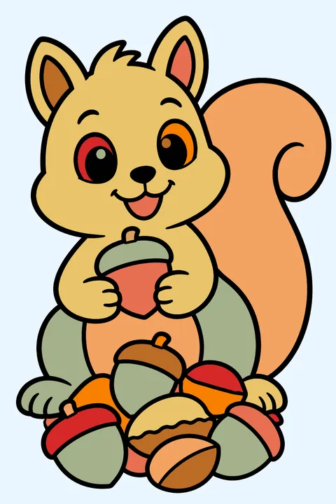A squirrel with a pile of nuts coloring page