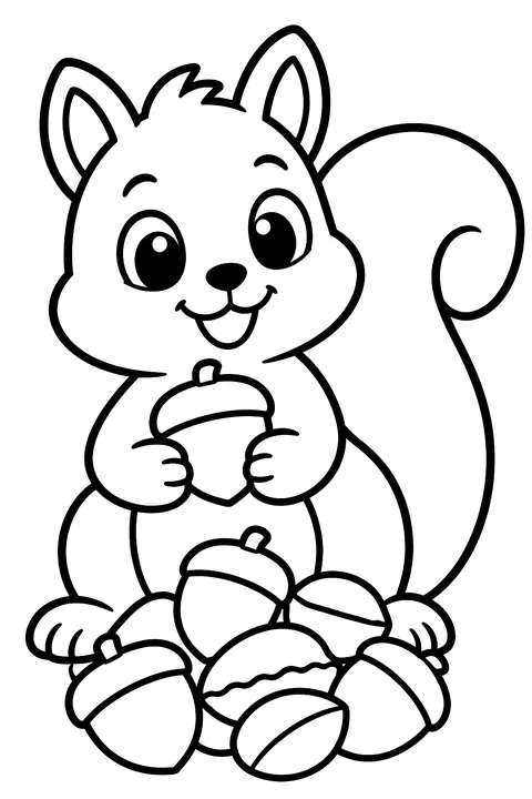 A squirrel with a pile of nuts coloring page
