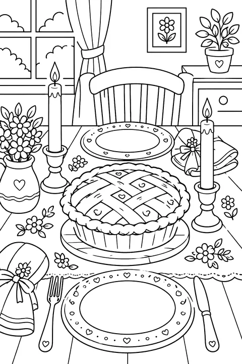 A table setting with a pie, plates and candles coloring page